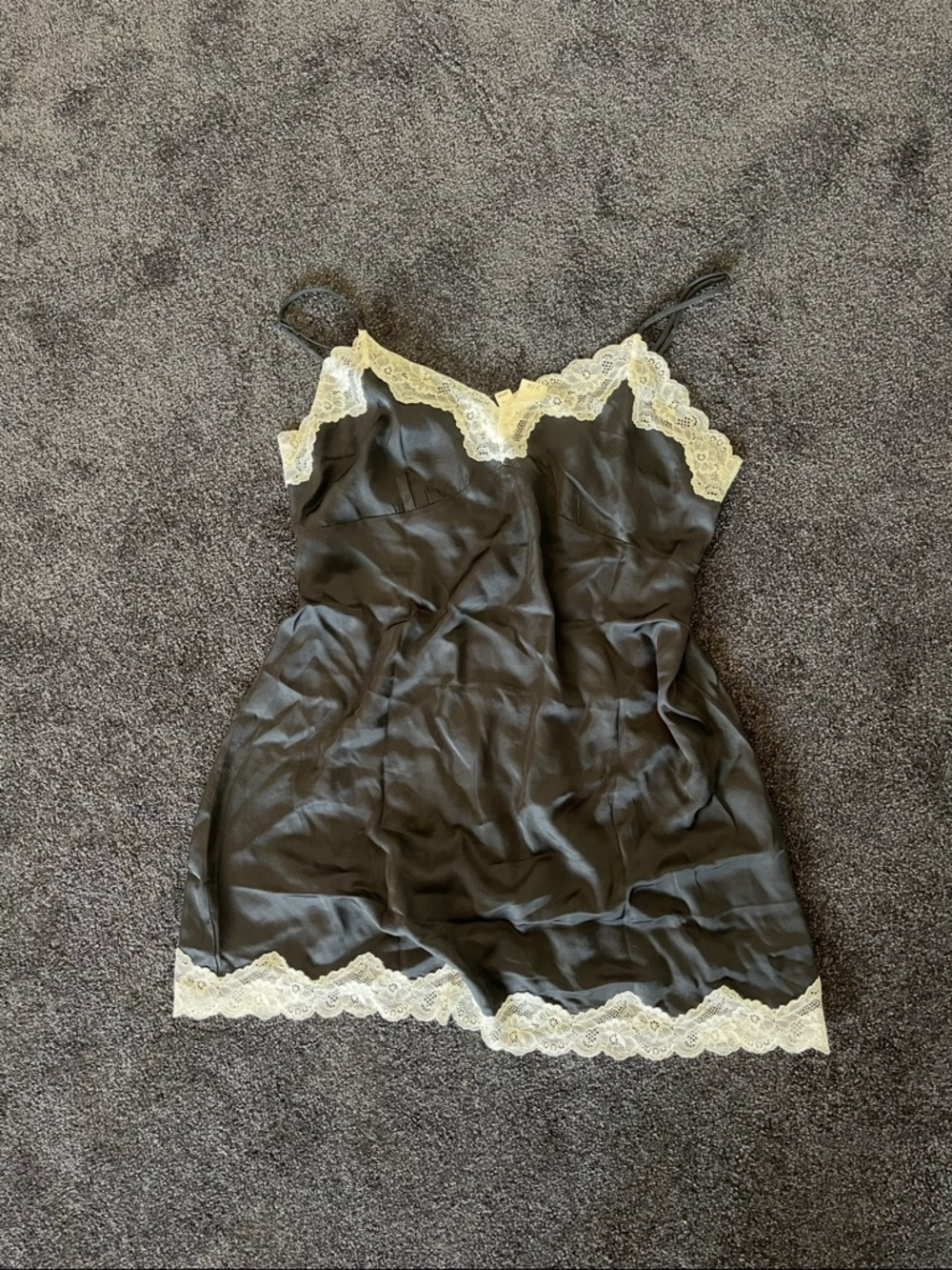 aerie Gray Satin Chemise with Cream Lace Trim